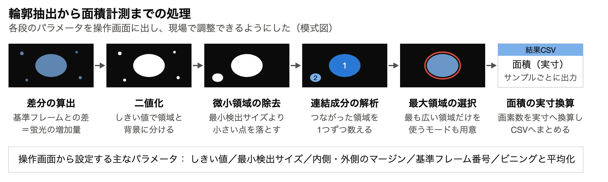 差分の算出から二値化、微小領域の除去、連結成分の解析、面積の実寸換算までの処理の流れ