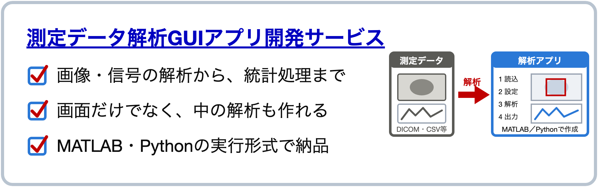 測定データ解析GUIアプリ開発サービス — 画像・信号の解析から、統計処理まで。画面だけでなく、中の解析も作れる。MATLAB・Pythonの実行形式で納品