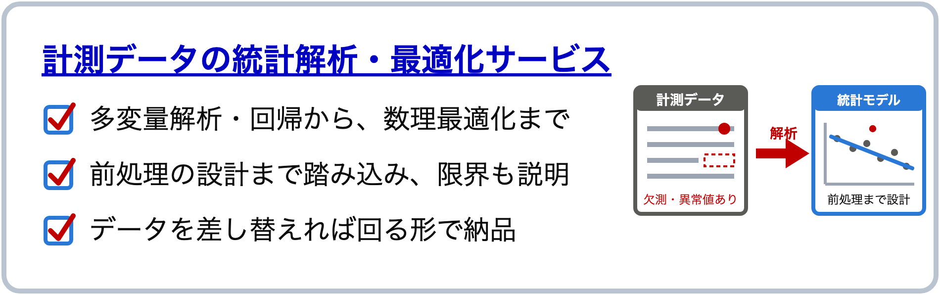 計測データの統計解析・最適化サービス — 多変量解析・回帰から、数理最適化まで。前処理の設計まで踏み込み、限界も説明。データを差し替えれば回る形で納品