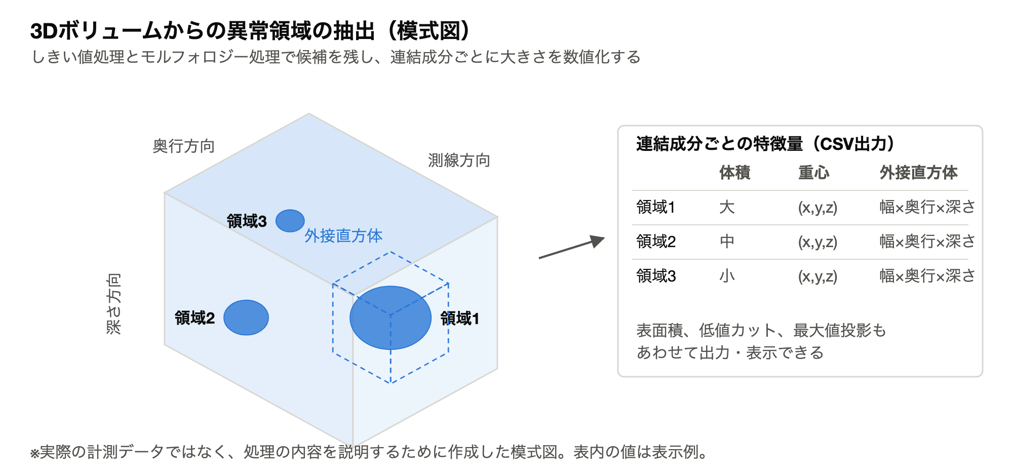 3Dボリュームの中の異常領域と、そこから求めた特徴量の表を示した模式図